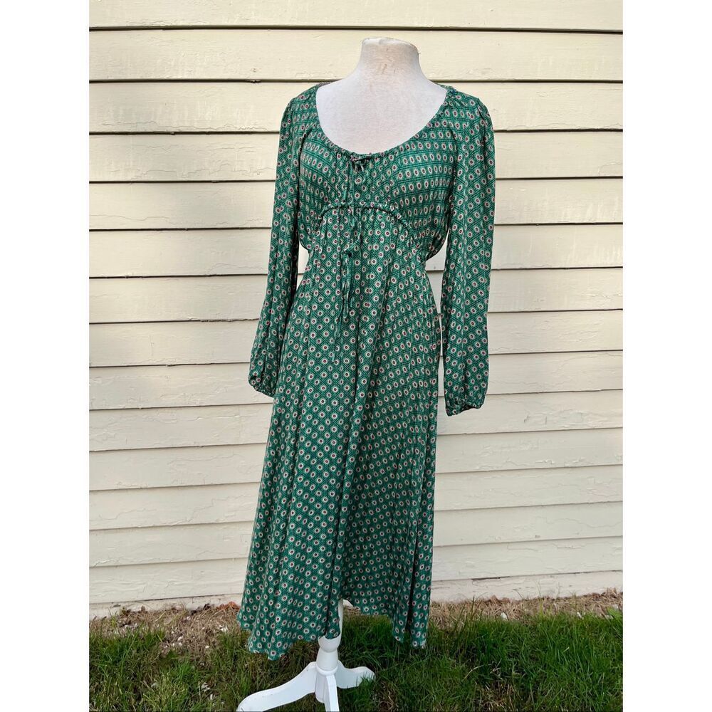Anthropologie Adelaide Tie Front Midi Dress Green Boho Cottagecore Balloon Sleev - Picture 2 of 12